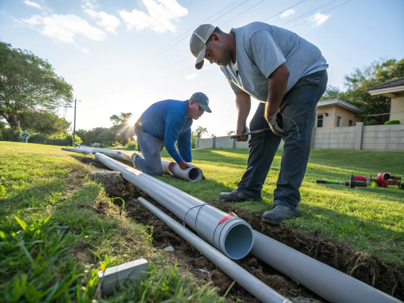 A team of plumbers installing a new drain system, showcasing the pipes, connections, and excavation work involved in the process.
