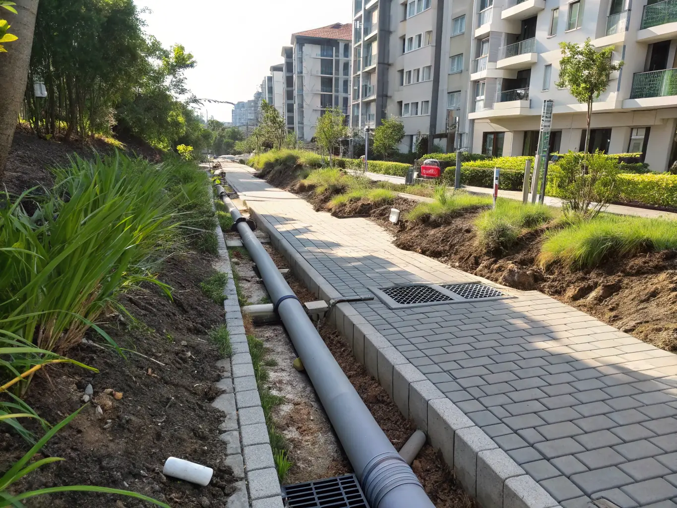 A newly installed soakaway system in a garden, showing the gravel-filled pit and surrounding landscape, emphasizing effective water drainage.